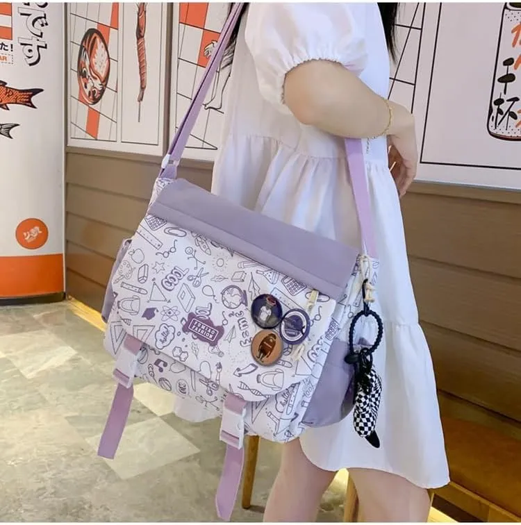 Women Men Crossbody Shoulder Bag Nylon Messenger Bag Doodle Print Color Shoulder Bag Multi-pocket Portable Bag (Purple)