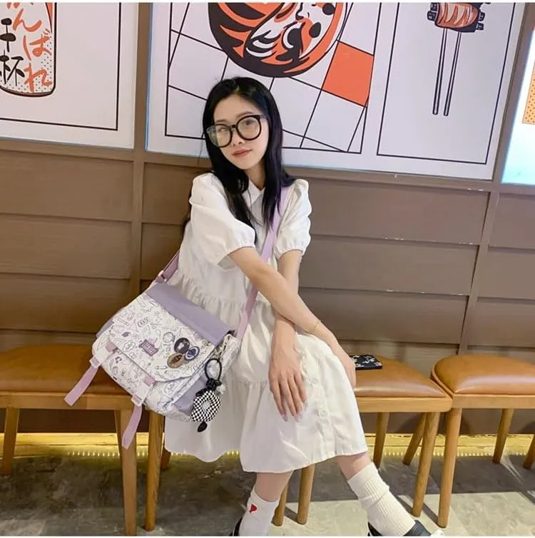 Women Men Crossbody Shoulder Bag Nylon Messenger Bag Doodle Print Color Shoulder Bag Multi-pocket Portable Bag (Purple)