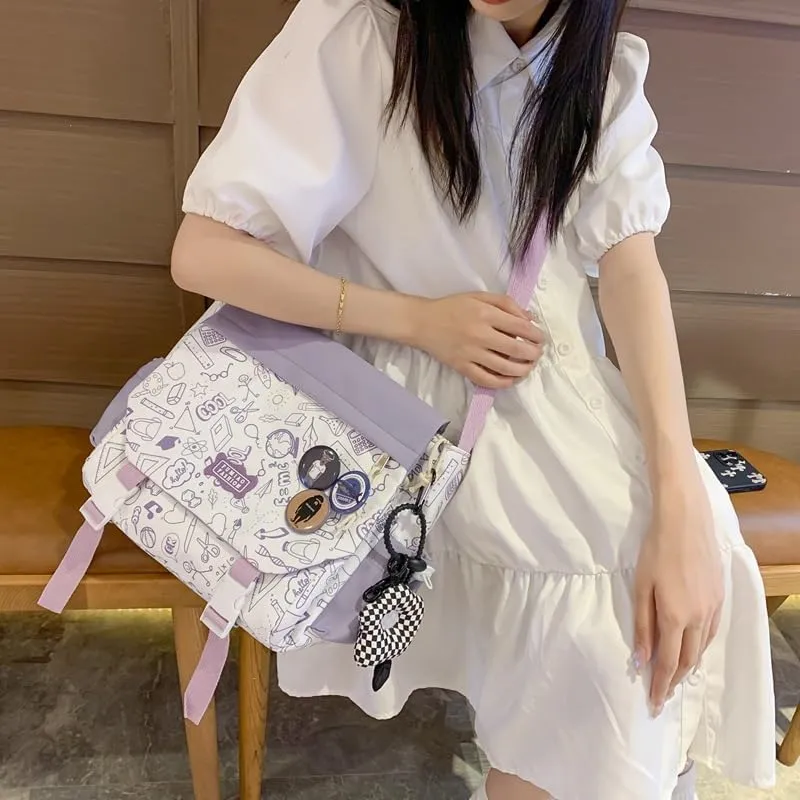 Women Men Crossbody Shoulder Bag Nylon Messenger Bag Doodle Print Color Shoulder Bag Multi-pocket Portable Bag (Purple)