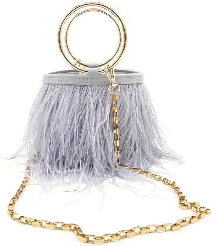 Women Ostrich Fluffy Tote Bag Feather Purse Crossbody Bag Shoulder Bag Evening Clutch Bride Purse Banquet Party Grey
