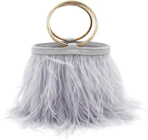 Women Ostrich Fluffy Tote Bag Feather Purse Crossbody Bag Shoulder Bag Evening Clutch Bride Purse Banquet Party Grey