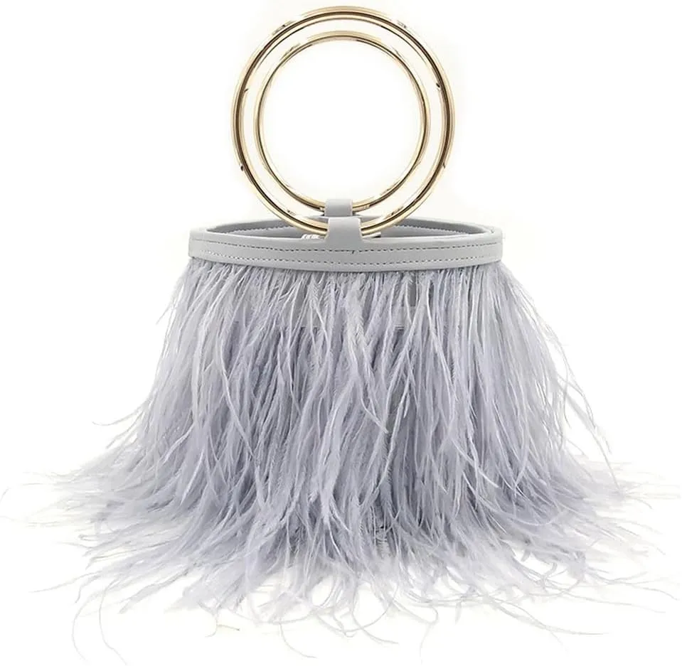Women Ostrich Fluffy Tote Bag Feather Purse Crossbody Bag Shoulder Bag Evening Clutch Bride Purse Banquet Party Grey