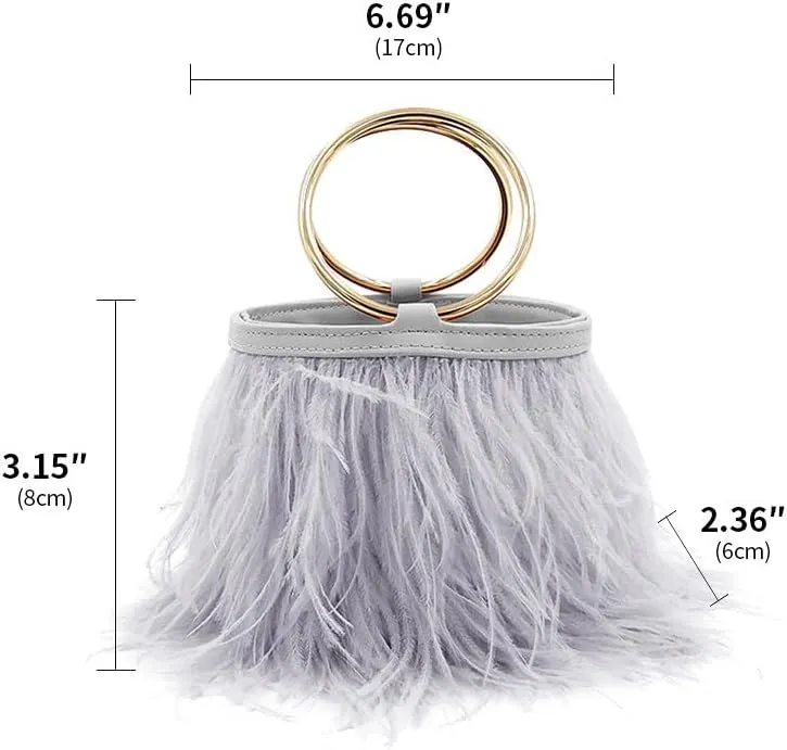 Women Ostrich Fluffy Tote Bag Feather Purse Crossbody Bag Shoulder Bag Evening Clutch Bride Purse Banquet Party Grey