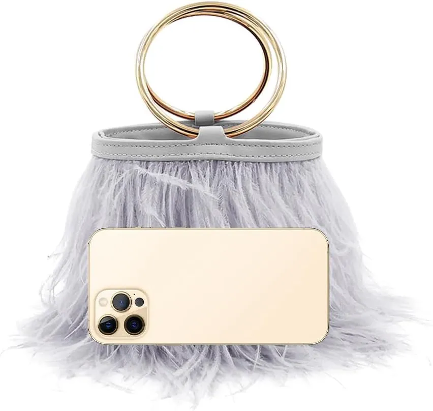 Women Ostrich Fluffy Tote Bag Feather Purse Crossbody Bag Shoulder Bag Evening Clutch Bride Purse Banquet Party Grey