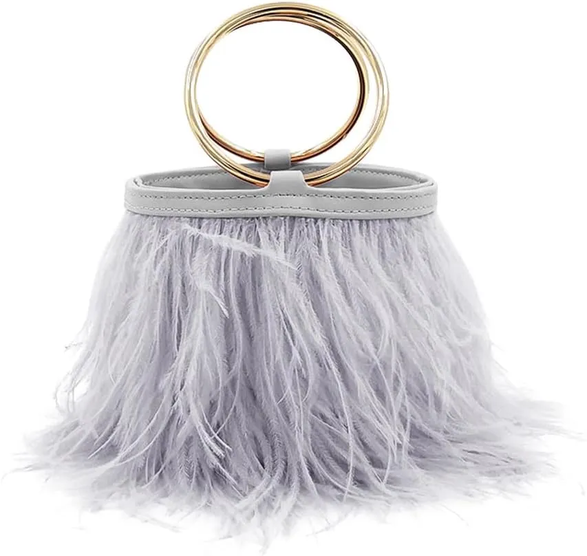 Women Ostrich Fluffy Tote Bag Feather Purse Crossbody Bag Shoulder Bag Evening Clutch Bride Purse Banquet Party Grey