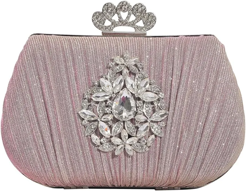 Women Rhinestone Evening Bag Sequin Pleated Clutch Bag Bridal Wedding Purse Crystal Handbag Elegant Shoulder Bag