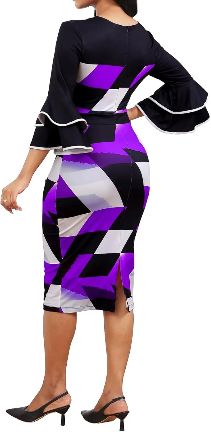 Women Sexy Dresses Bodycon Church 3/4 Sleeve African Print Pencil Party Office Dress Work with Split