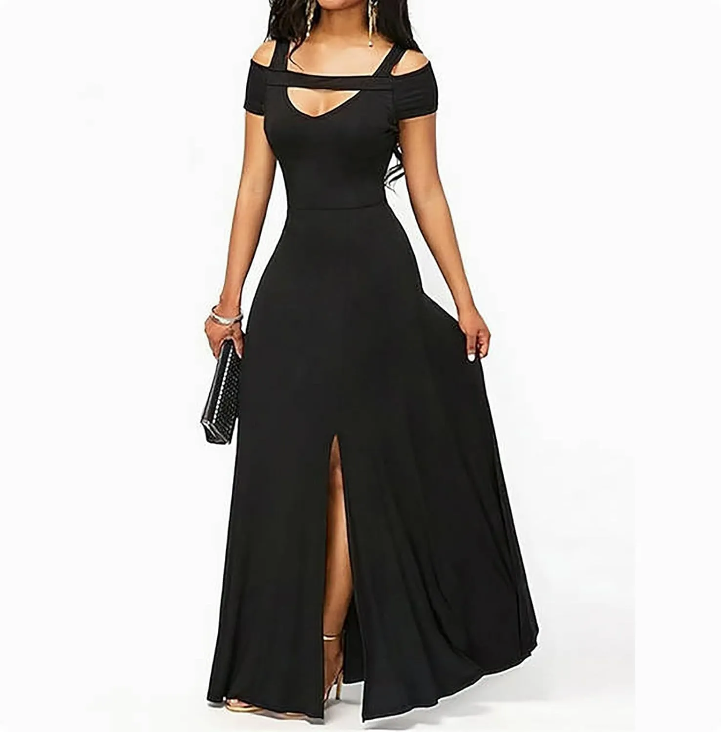 Women Summer V Neck Strap Short Sleeve Shoulder Party Slit Dress Fashion Spring Cocktail Dresses 2025