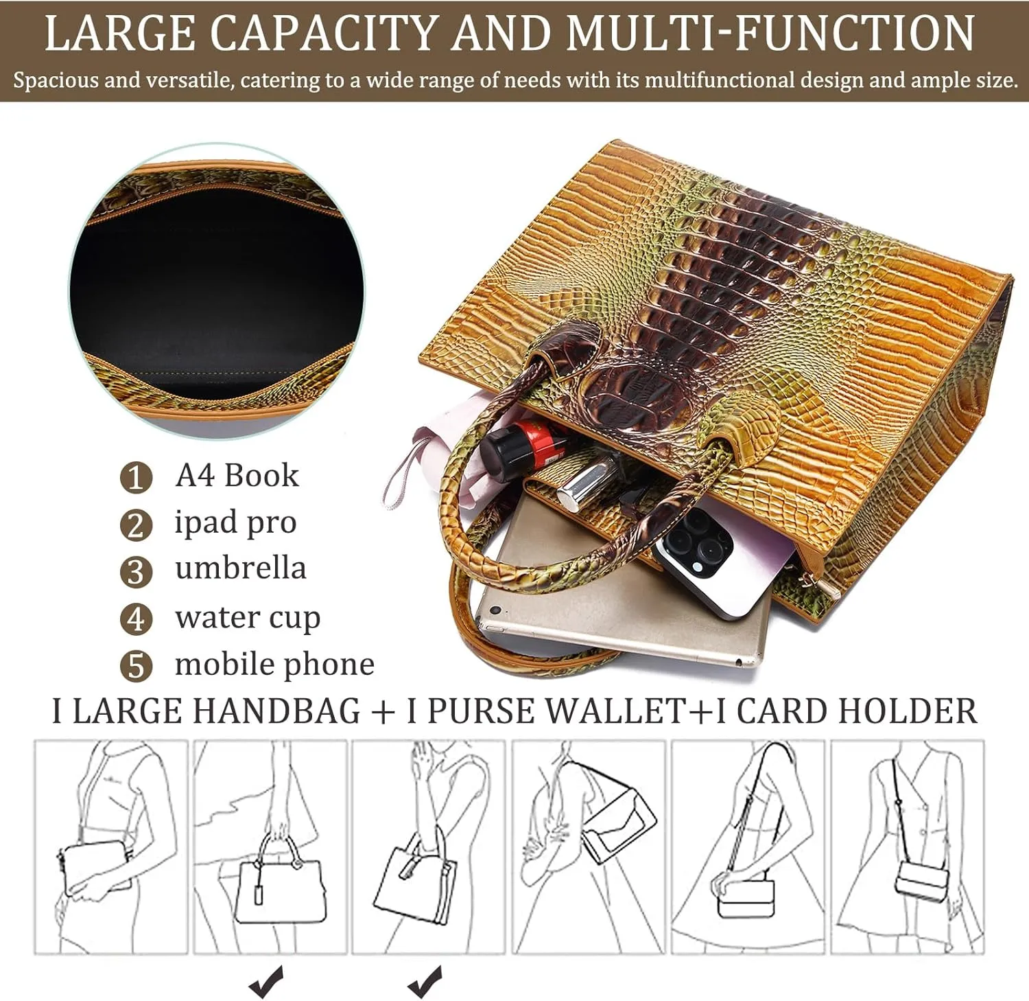 Women Top Handle Crossbody Bag Fashion Crocodile Print Handbag Shoulder Satchel