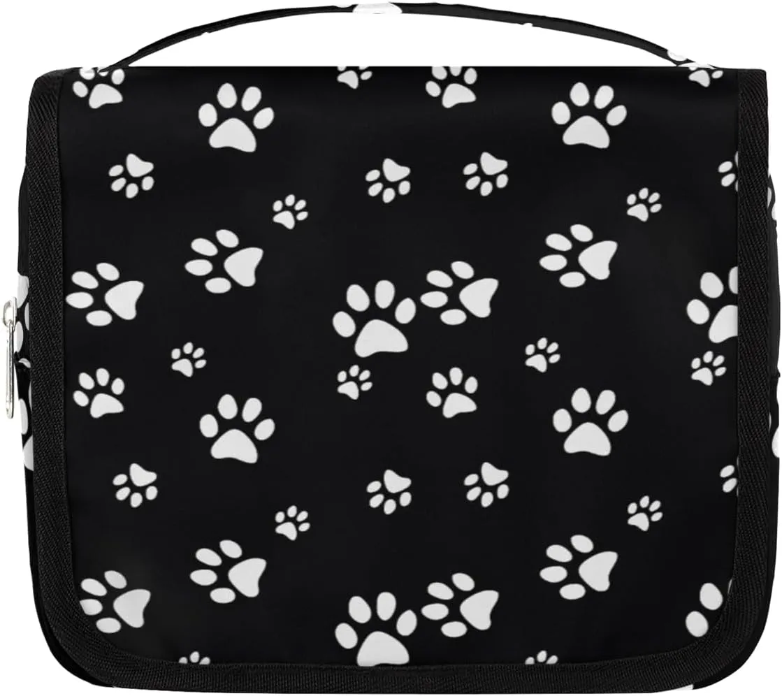 Women Travel Toiletry Bag with Hanging,Animal Cats dogs Paw Print Black Travel Makeup Cosmetic Bag Water-resistant Travel Toiletry Organizer,Toiletry Bag for Women Girls, Travel Essentials