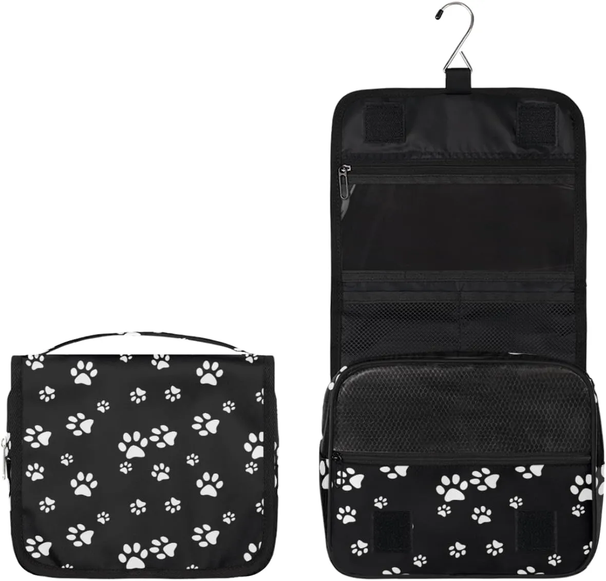 Women Travel Toiletry Bag with Hanging,Animal Cats dogs Paw Print Black Travel Makeup Cosmetic Bag Water-resistant Travel Toiletry Organizer,Toiletry Bag for Women Girls, Travel Essentials