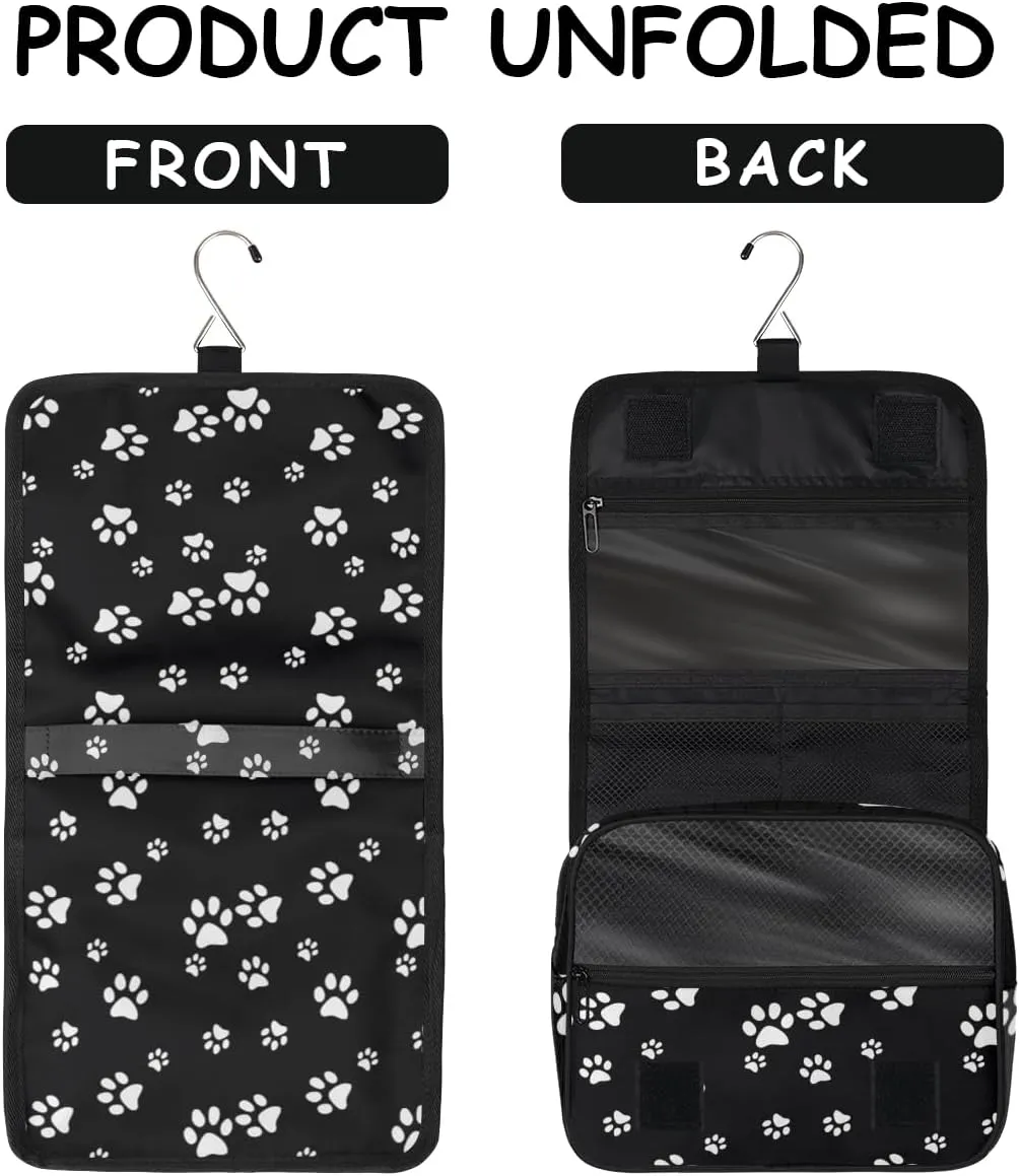 Women Travel Toiletry Bag with Hanging,Animal Cats dogs Paw Print Black Travel Makeup Cosmetic Bag Water-resistant Travel Toiletry Organizer,Toiletry Bag for Women Girls, Travel Essentials