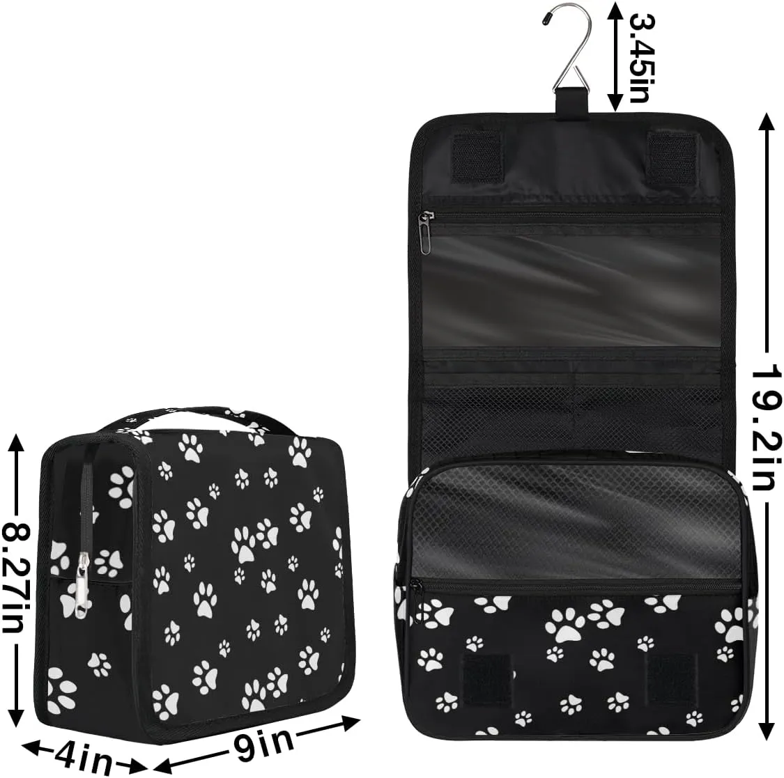 Women Travel Toiletry Bag with Hanging,Animal Cats dogs Paw Print Black Travel Makeup Cosmetic Bag Water-resistant Travel Toiletry Organizer,Toiletry Bag for Women Girls, Travel Essentials