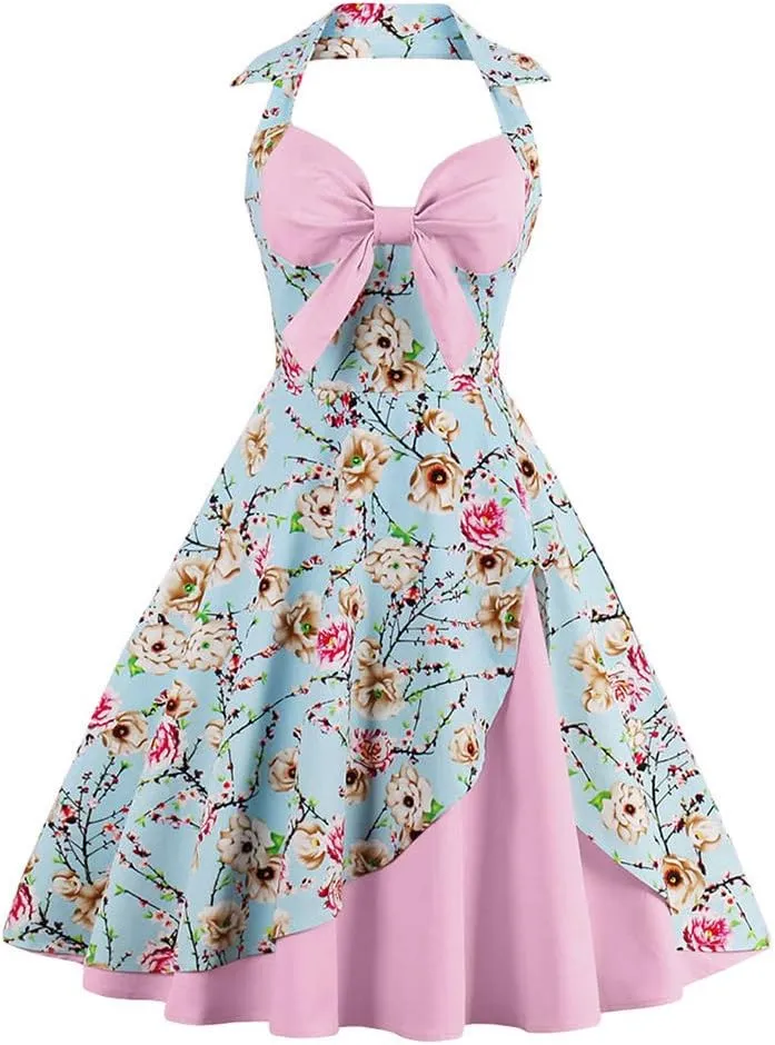 Womens 1950s Retro Rockabilly Princess Cosplay Dress Floral Halter Audrey Hepburn 50's 60's Party Costume Gown
