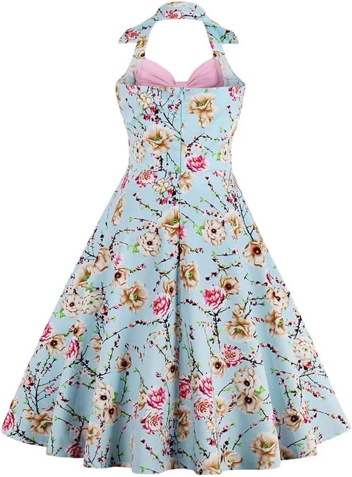 Womens 1950s Retro Rockabilly Princess Cosplay Dress Floral Halter Audrey Hepburn 50's 60's Party Costume Gown