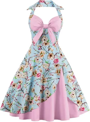 Womens 1950s Retro Rockabilly Princess Cosplay Dress Floral Halter Audrey Hepburn 50's 60's Party Costume Gown