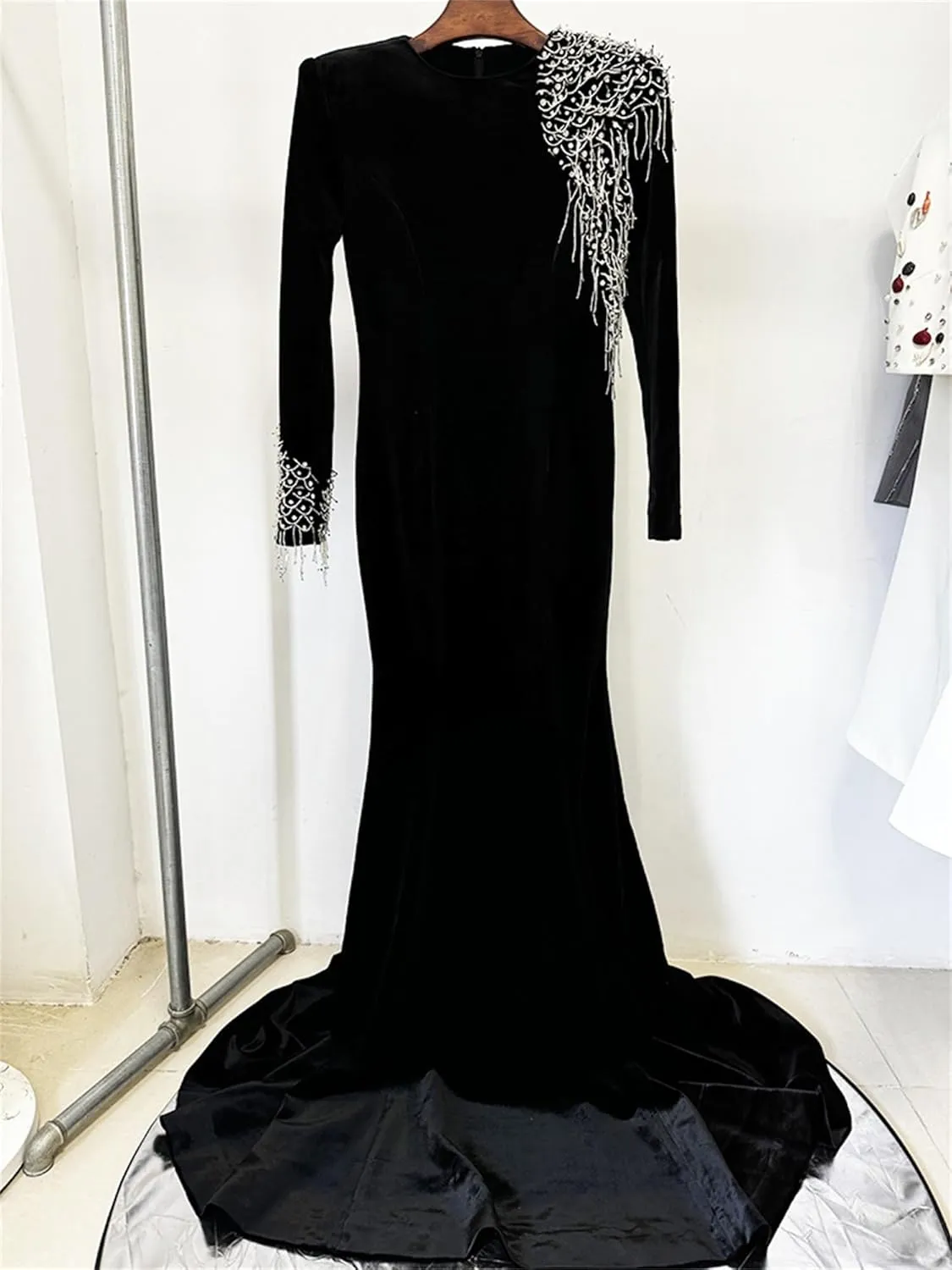 Women's 2025 Designer Maxi Dresses Formal Long Sleeve Luxurious Beaded Acetic Velvet Prom Evening Party Long Dress