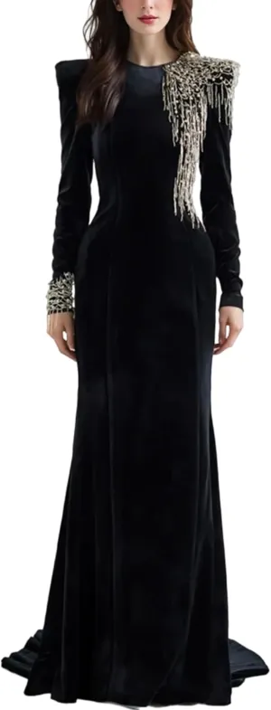 Women's 2025 Designer Maxi Dresses Formal Long Sleeve Luxurious Beaded Acetic Velvet Prom Evening Party Long Dress