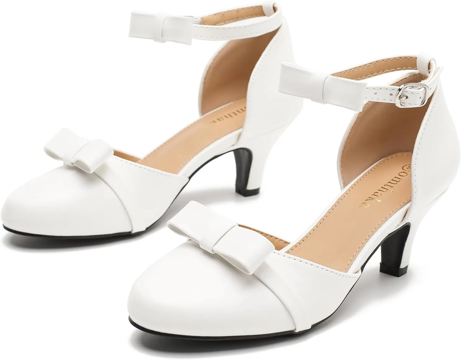 Womens Ankle Strap Bow Kitten Heels Dressy Shoes Comfortable Closed Toe Low Heel Formal Party Dance Prom Pumps