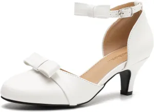 Womens Ankle Strap Bow Kitten Heels Dressy Shoes Comfortable Closed Toe Low Heel Formal Party Dance Prom Pumps