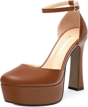 Womens Ankle Strap Platform High Heels Solid Matte Buckle Square Toe Chunky High Heel Pumps Wedding Evening Party Dress Shoes 4.7 Inch