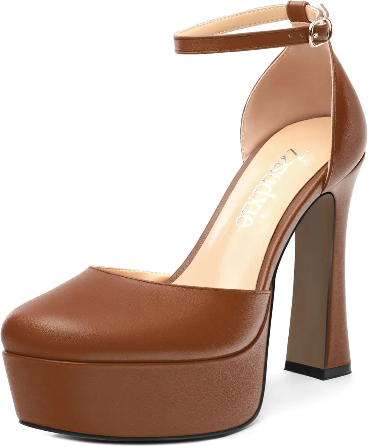 Womens Ankle Strap Platform High Heels Solid Matte Buckle Square Toe Chunky High Heel Pumps Wedding Evening Party Dress Shoes 4.7 Inch