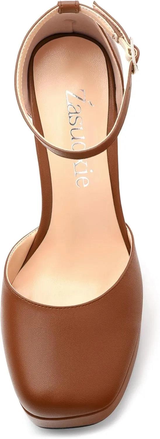Womens Ankle Strap Platform High Heels Solid Matte Buckle Square Toe Chunky High Heel Pumps Wedding Evening Party Dress Shoes 4.7 Inch