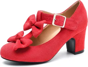 Women's Bow Heel Pumps Vintage T Strap Mary Jane Mid Chunky Heel Dress Shoes