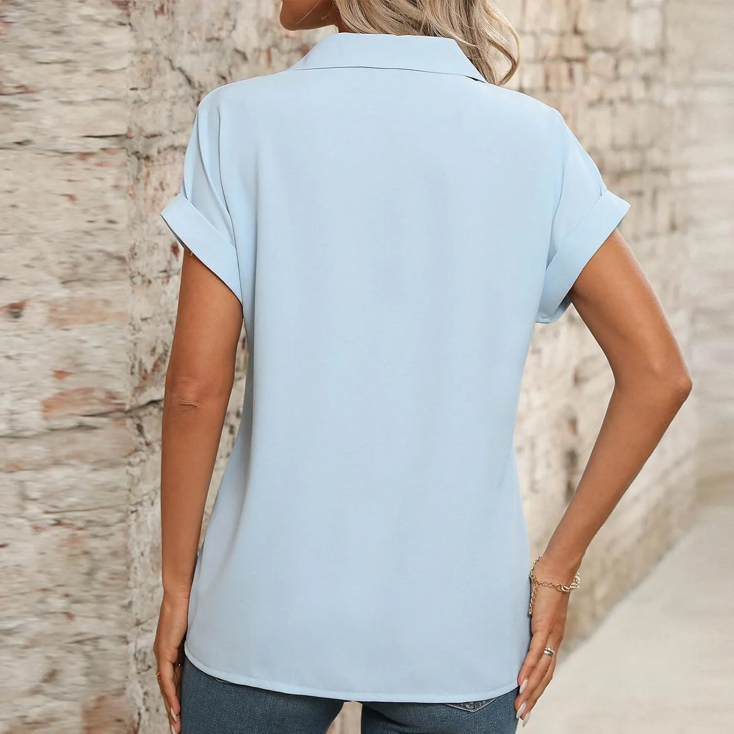 Womens Business Casual Blouses Summer Fashion Roll Up Short Sleeve Lapel Tees Tops Loose Fit Elegant Trendy Blouses