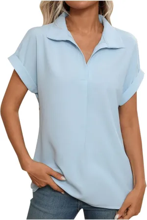 Womens Business Casual Blouses Summer Fashion Roll Up Short Sleeve Lapel Tees Tops Loose Fit Elegant Trendy Blouses