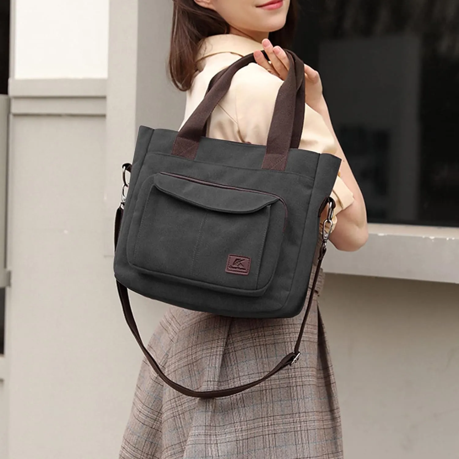 Women's Canvas Top Handle Handbag Stylish Multi-pocket Shoulder Tote Purse Work Crossbody Bags (Grey) One Size