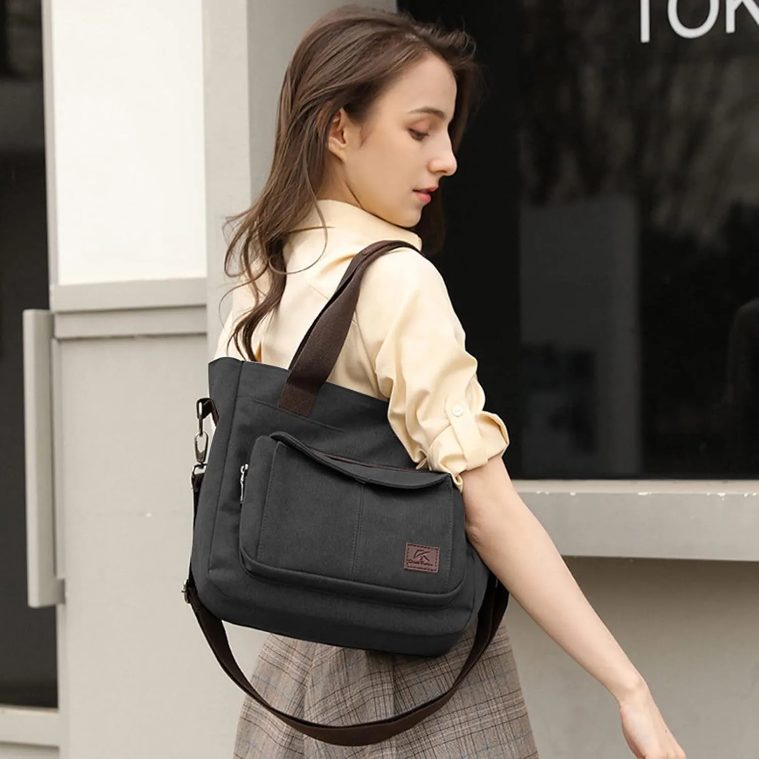 Women's Canvas Top Handle Handbag Stylish Multi-pocket Shoulder Tote Purse Work Crossbody Bags (Grey) One Size