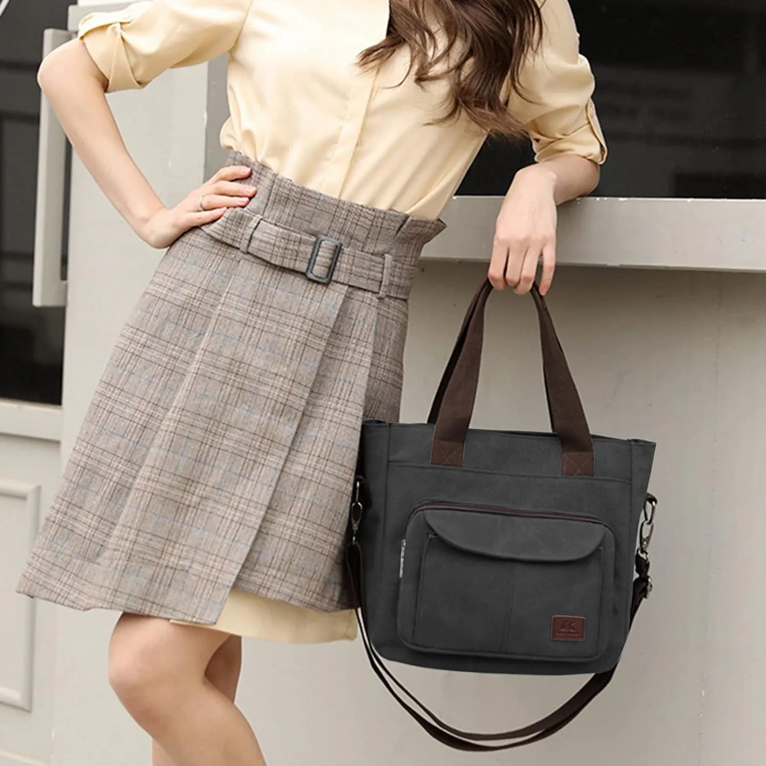 Women's Canvas Top Handle Handbag Stylish Multi-pocket Shoulder Tote Purse Work Crossbody Bags (Grey) One Size