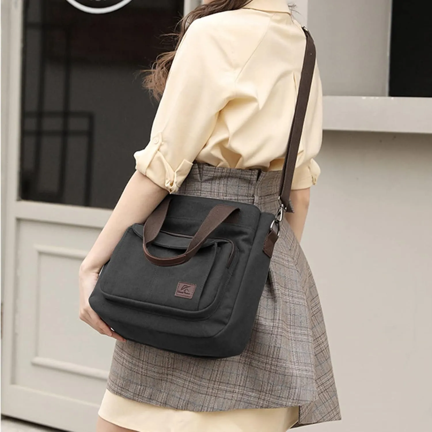 Women's Canvas Top Handle Handbag Stylish Multi-pocket Shoulder Tote Purse Work Crossbody Bags (Grey) One Size