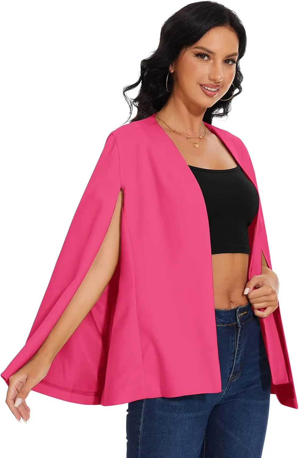 Womens Cape Blazer - Split Sleeve Open Front Casual Jacket Coat Workwear Elegant Formal Cape Coat