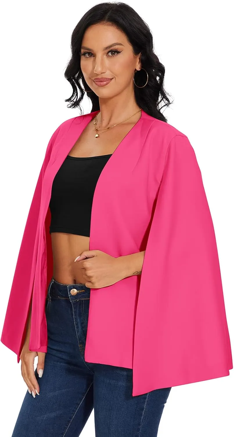 Womens Cape Blazer - Split Sleeve Open Front Casual Jacket Coat Workwear Elegant Formal Cape Coat