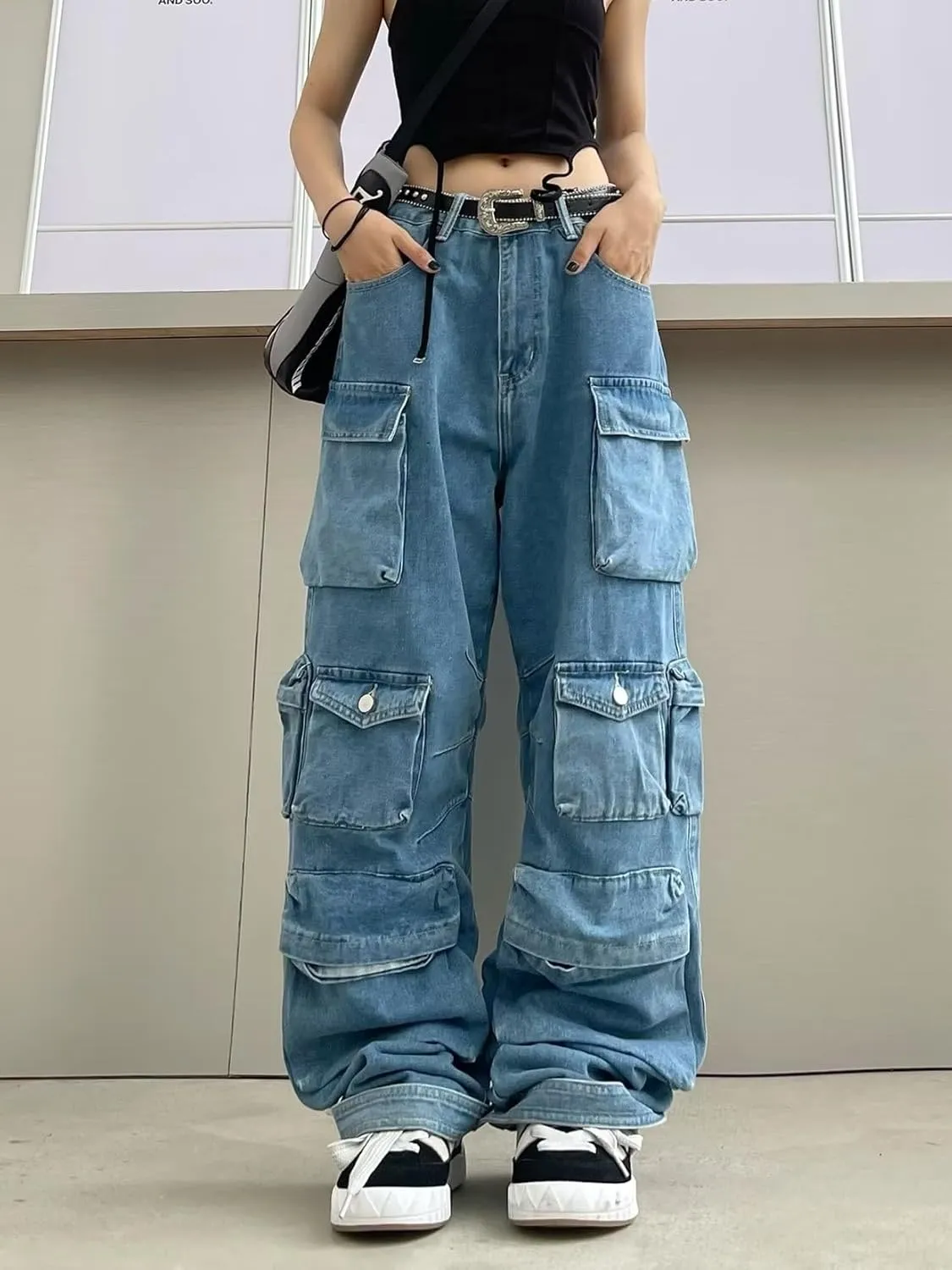 Women's Cargo Pants Y2K Clothing Multi-Pocket Relaxed Fit Jeans Grunge Clothes Alt Emo Hip Streetwear