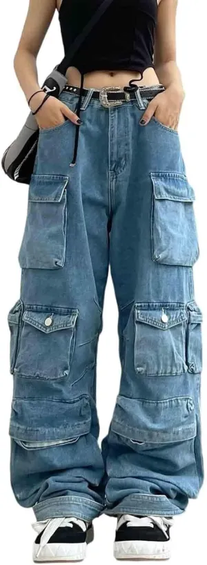 Women's Cargo Pants Y2K Clothing Multi-Pocket Relaxed Fit Jeans Grunge Clothes Alt Emo Hip Streetwear