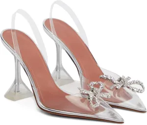 Women's Closed Toe Rhinstone Sandals Kitten Heel Slingback Clear Bowknots Pumps Adjustable Strap Pointed Toe Crystal Bow High Heels Wedding Bridal Prom Dress Shoes