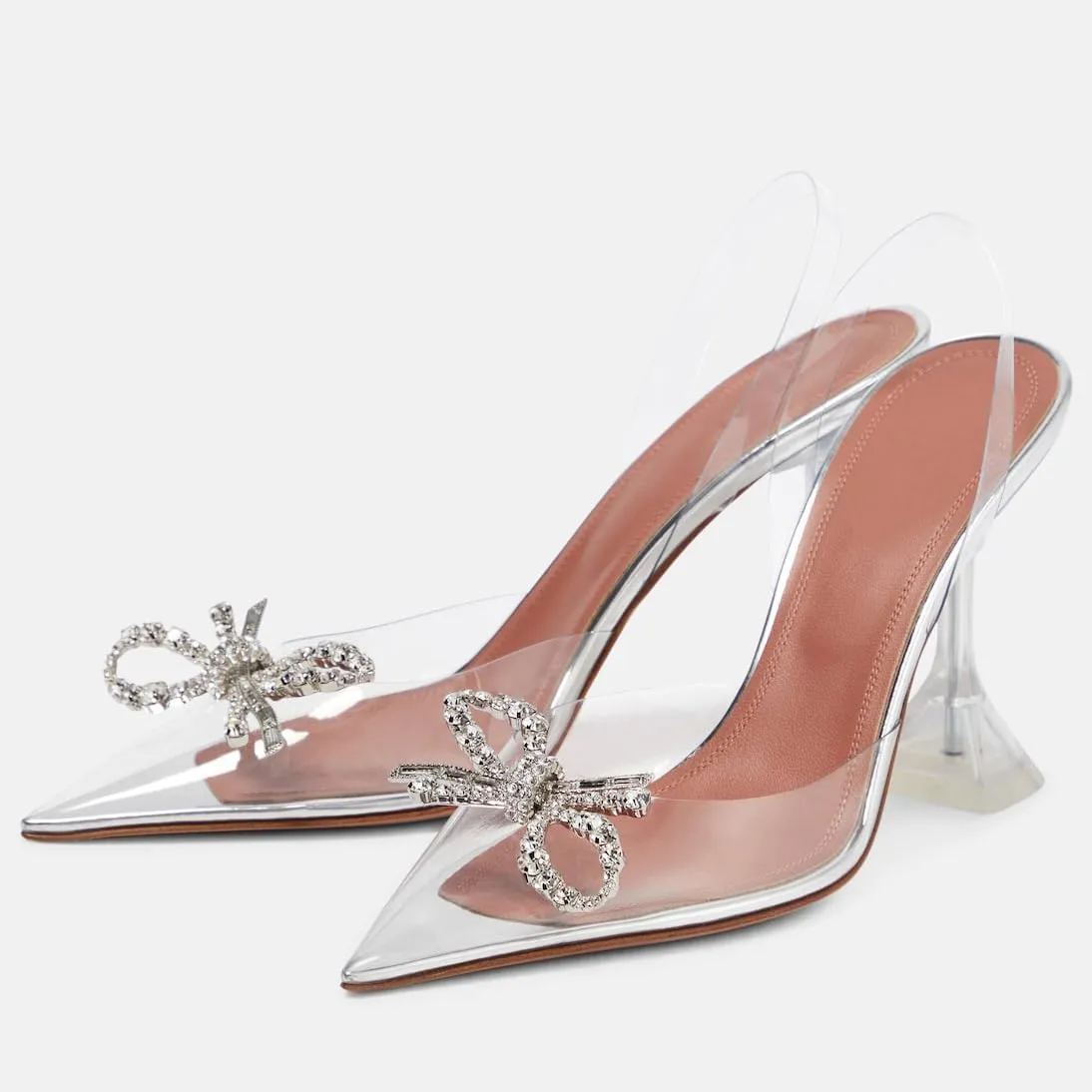 Women's Closed Toe Rhinstone Sandals Kitten Heel Slingback Clear Bowknots Pumps Adjustable Strap Pointed Toe Crystal Bow High Heels Wedding Bridal Prom Dress Shoes