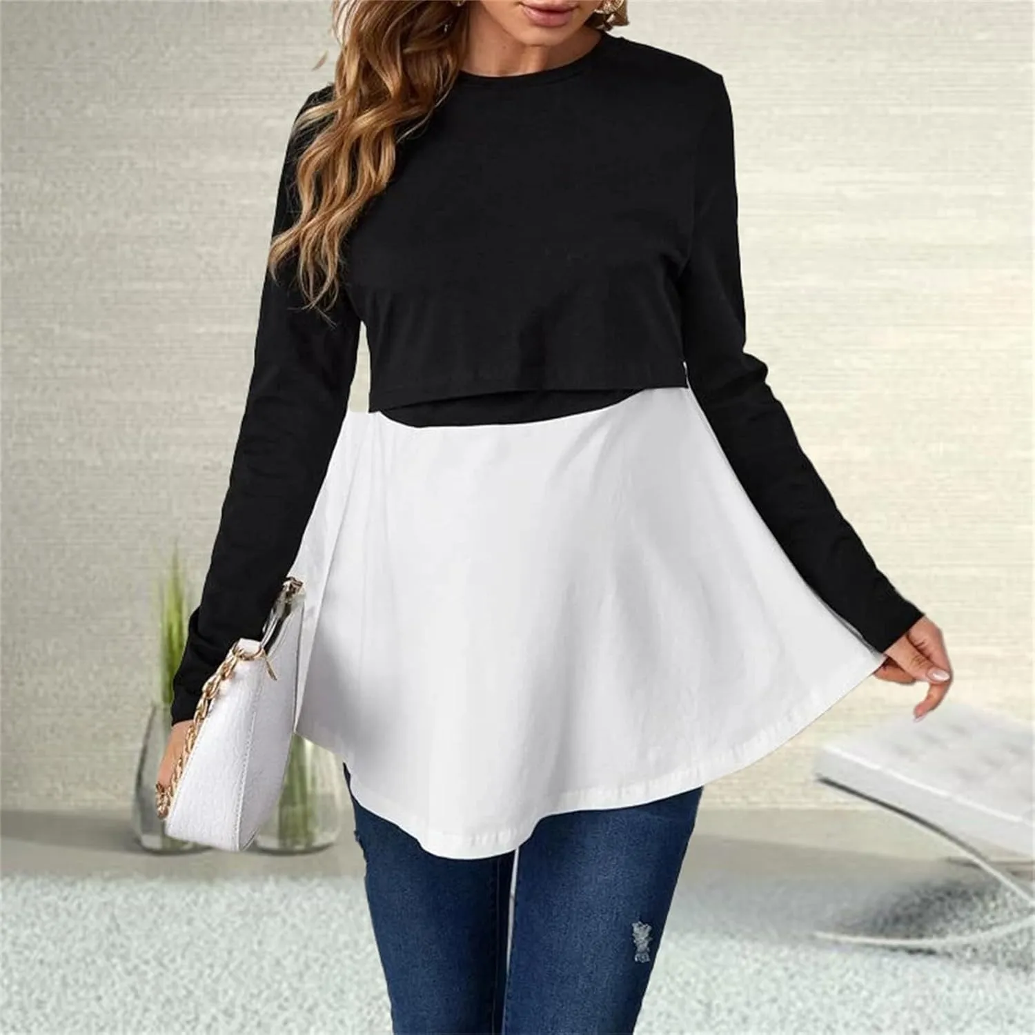 Women's Color Block Maternity Nursing Tops Crewneck Long Sleeve Double Layer Pregnancy Tee Soft Breastfeeding Shirts