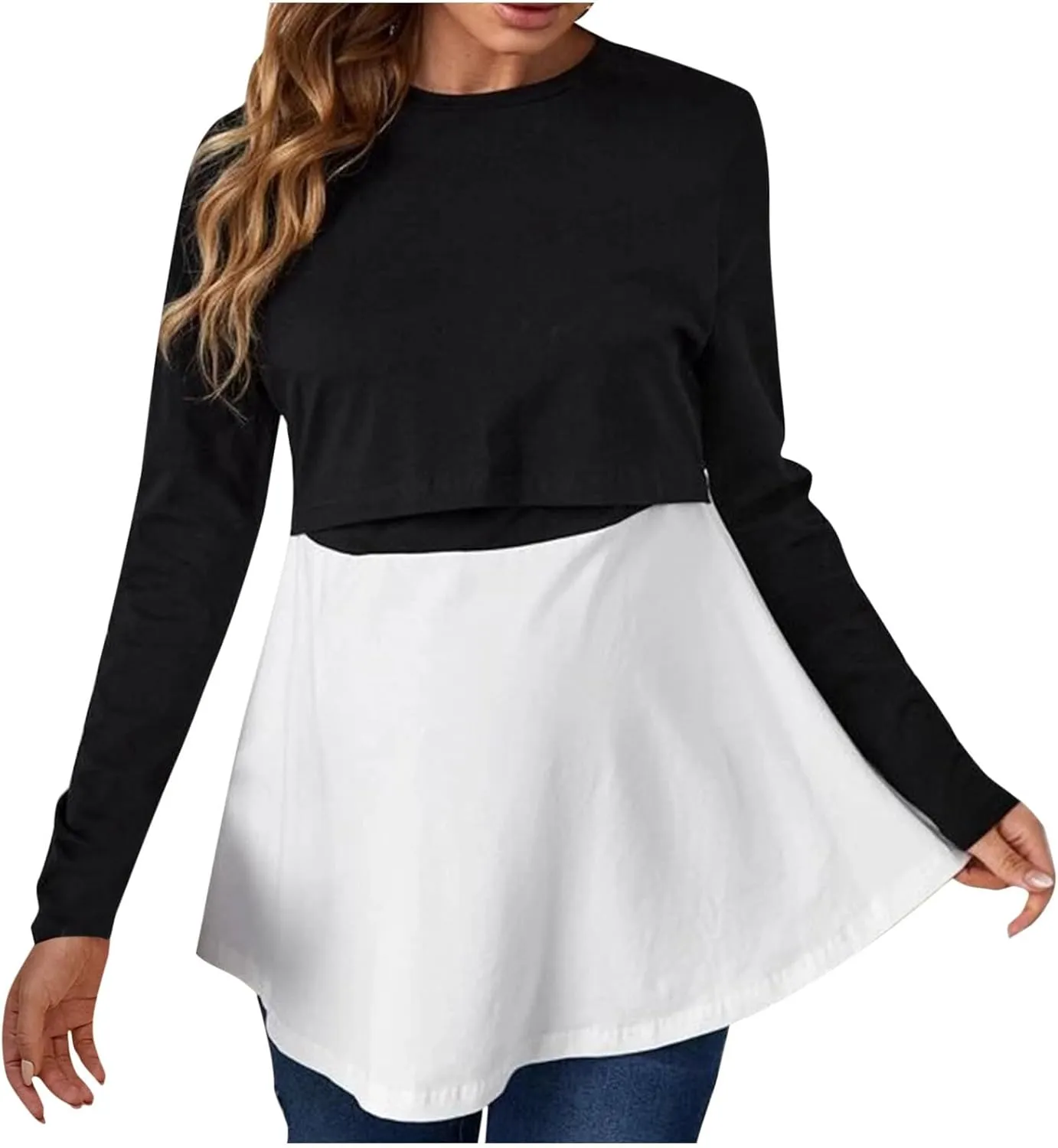 Women's Color Block Maternity Nursing Tops Crewneck Long Sleeve Double Layer Pregnancy Tee Soft Breastfeeding Shirts