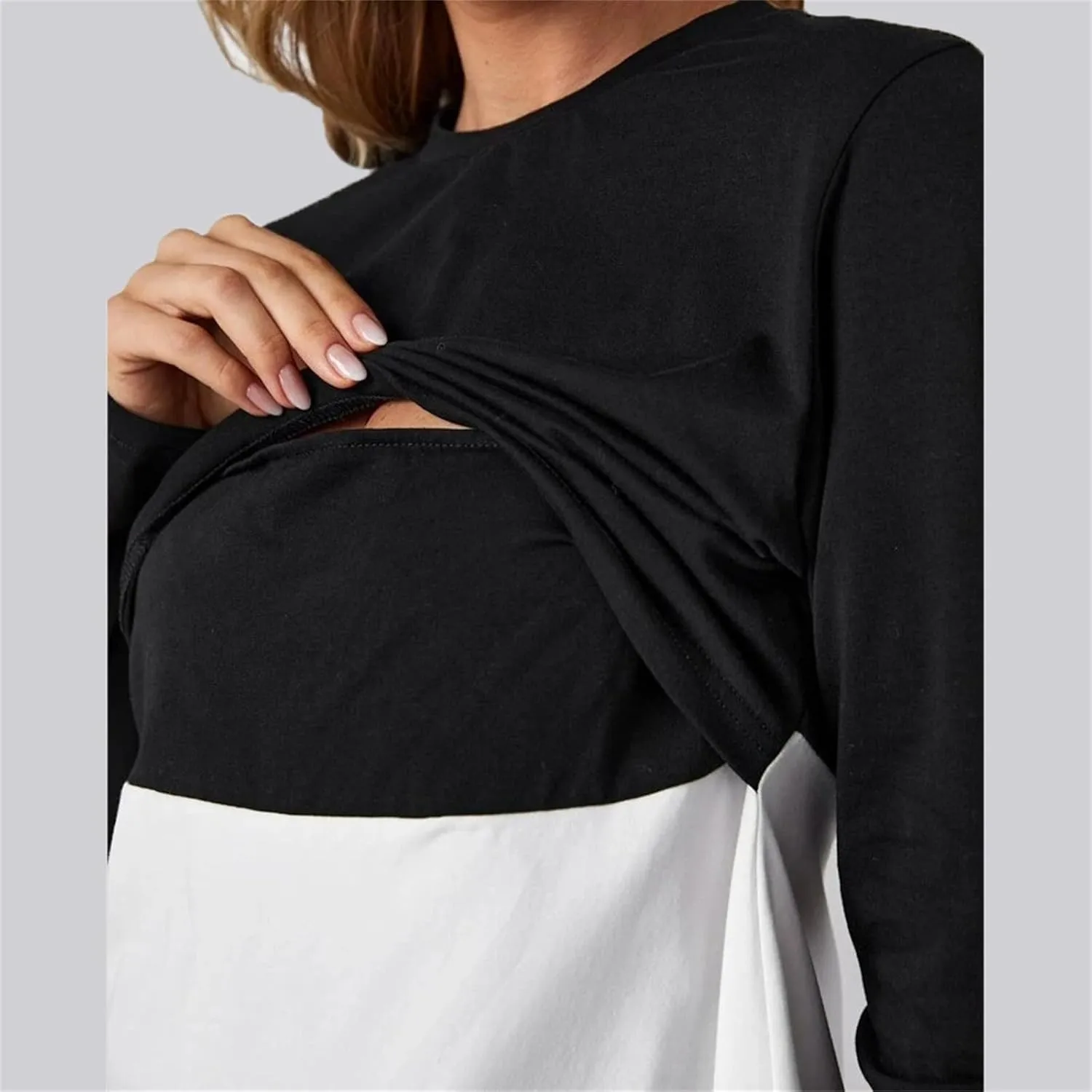 Women's Color Block Maternity Nursing Tops Crewneck Long Sleeve Double Layer Pregnancy Tee Soft Breastfeeding Shirts