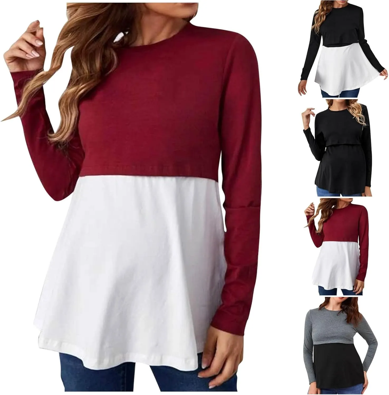 Women's Color Block Maternity Nursing Tops Crewneck Long Sleeve Double Layer Pregnancy Tee Soft Breastfeeding Shirts