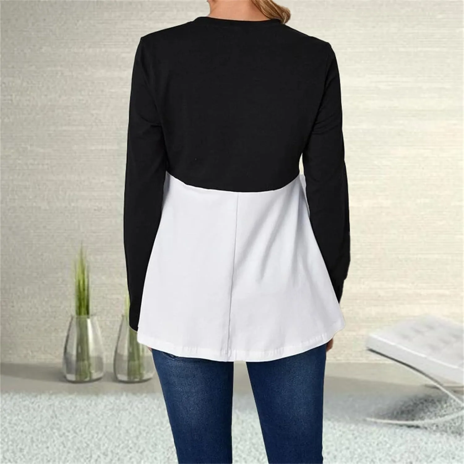 Women's Color Block Maternity Nursing Tops Crewneck Long Sleeve Double Layer Pregnancy Tee Soft Breastfeeding Shirts