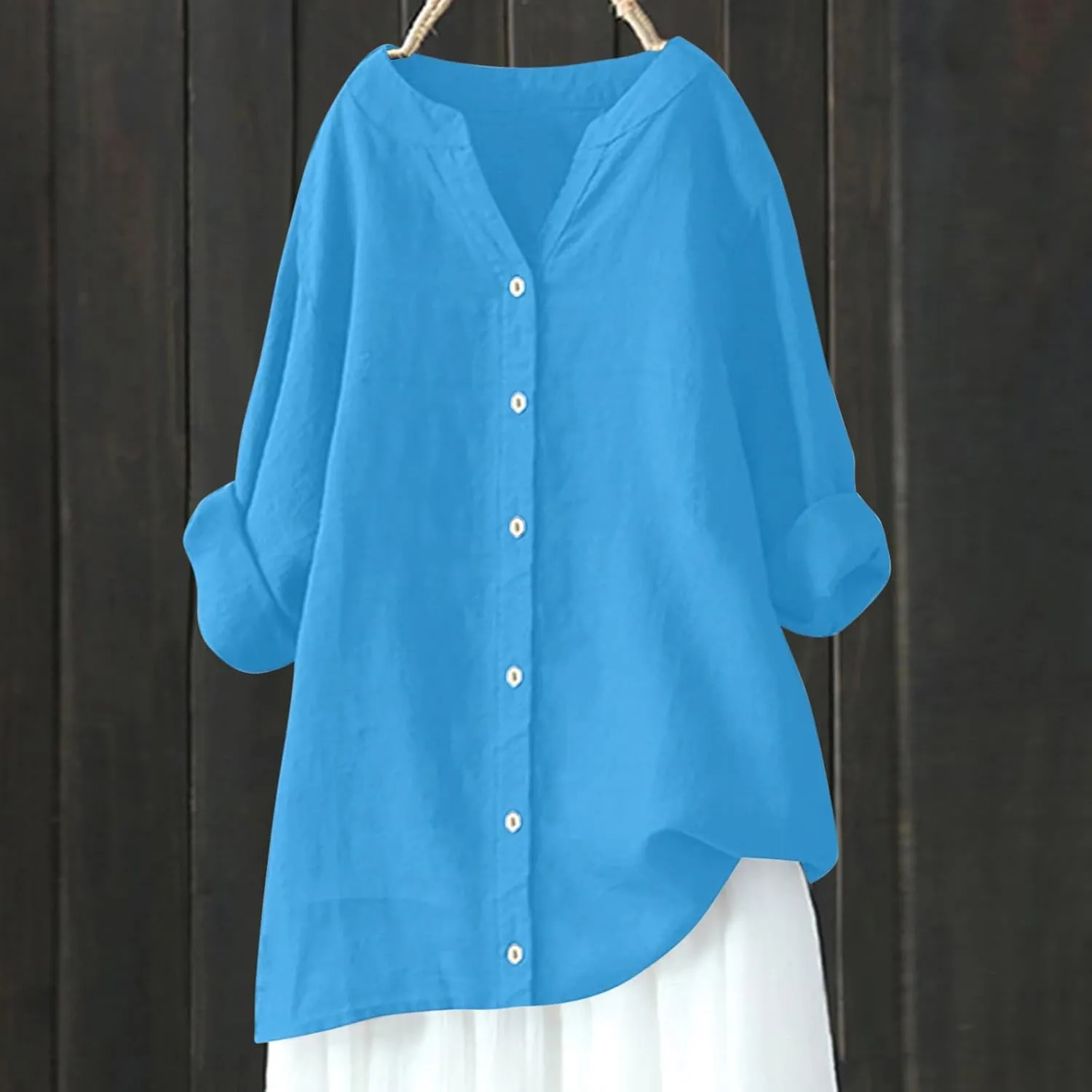 Womens Cotton Linen Tunic Tops Boho Peasant Summer Tops Long Sleeve Button Down Shirts Blouse Dressy Casual Clothing