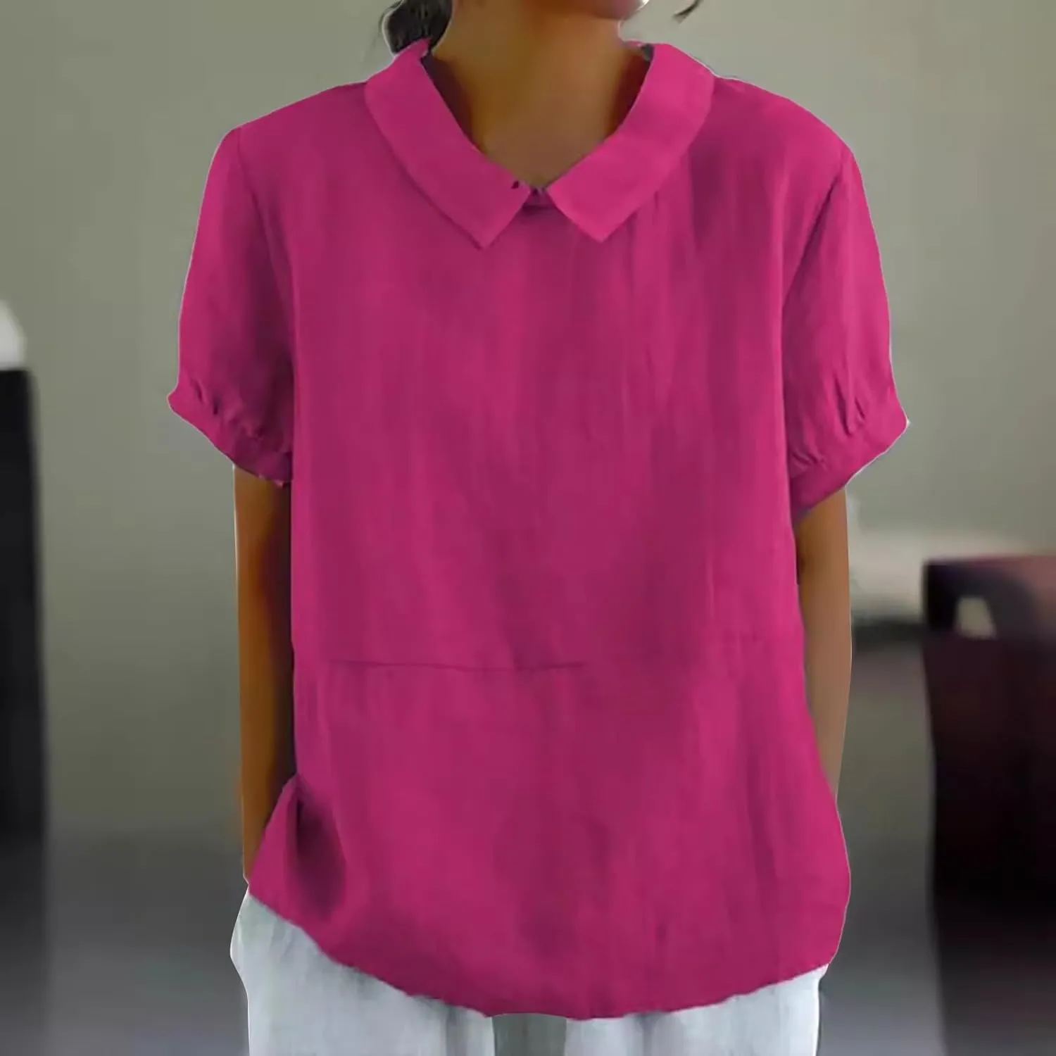 Womens Cute Autumn Tops and Blouses And Linen Loose Large Size Thin Lapel Shirt Short Long Sleeve Button Down Blouses
