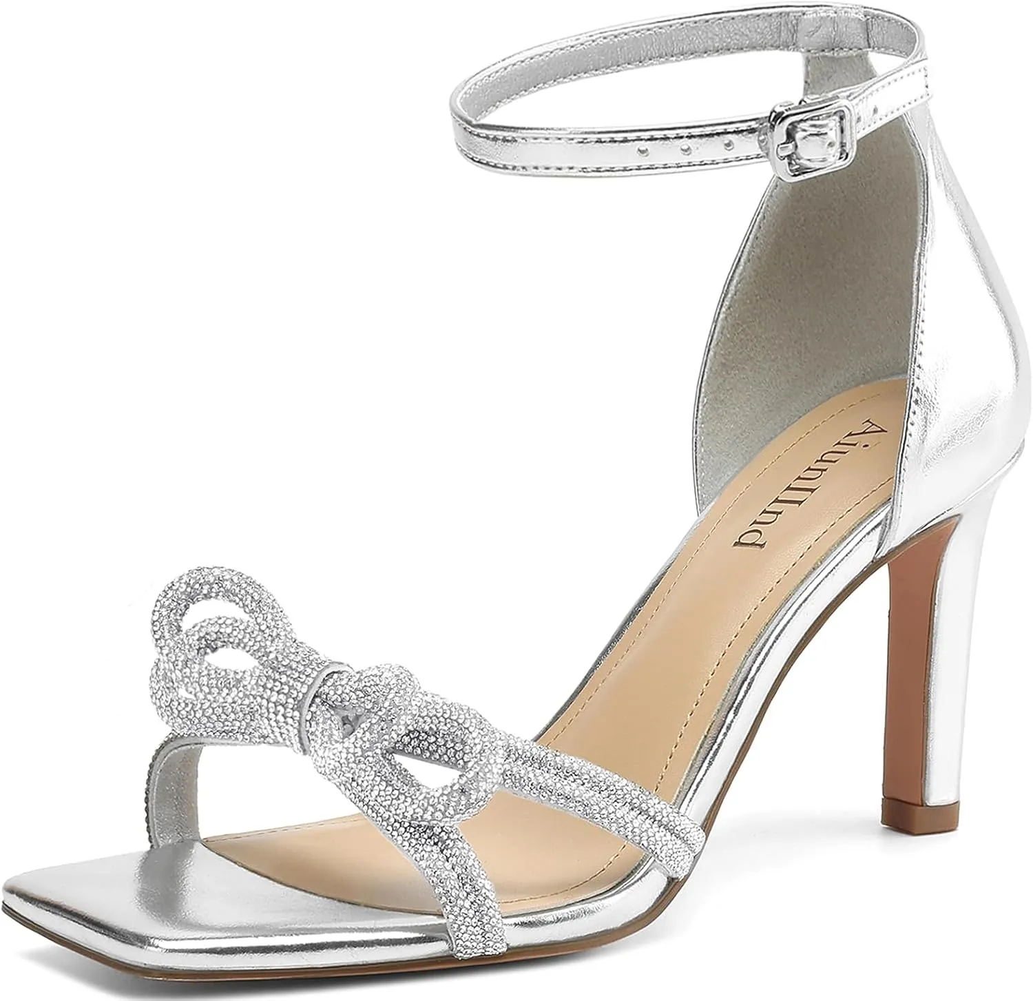 Women's Double Bowknots Heels Square Open Toe Ankle Strap Rhinestone Dress Shoes for Party Wedding