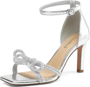 Women's Double Bowknots Heels Square Open Toe Ankle Strap Rhinestone Dress Shoes for Party Wedding
