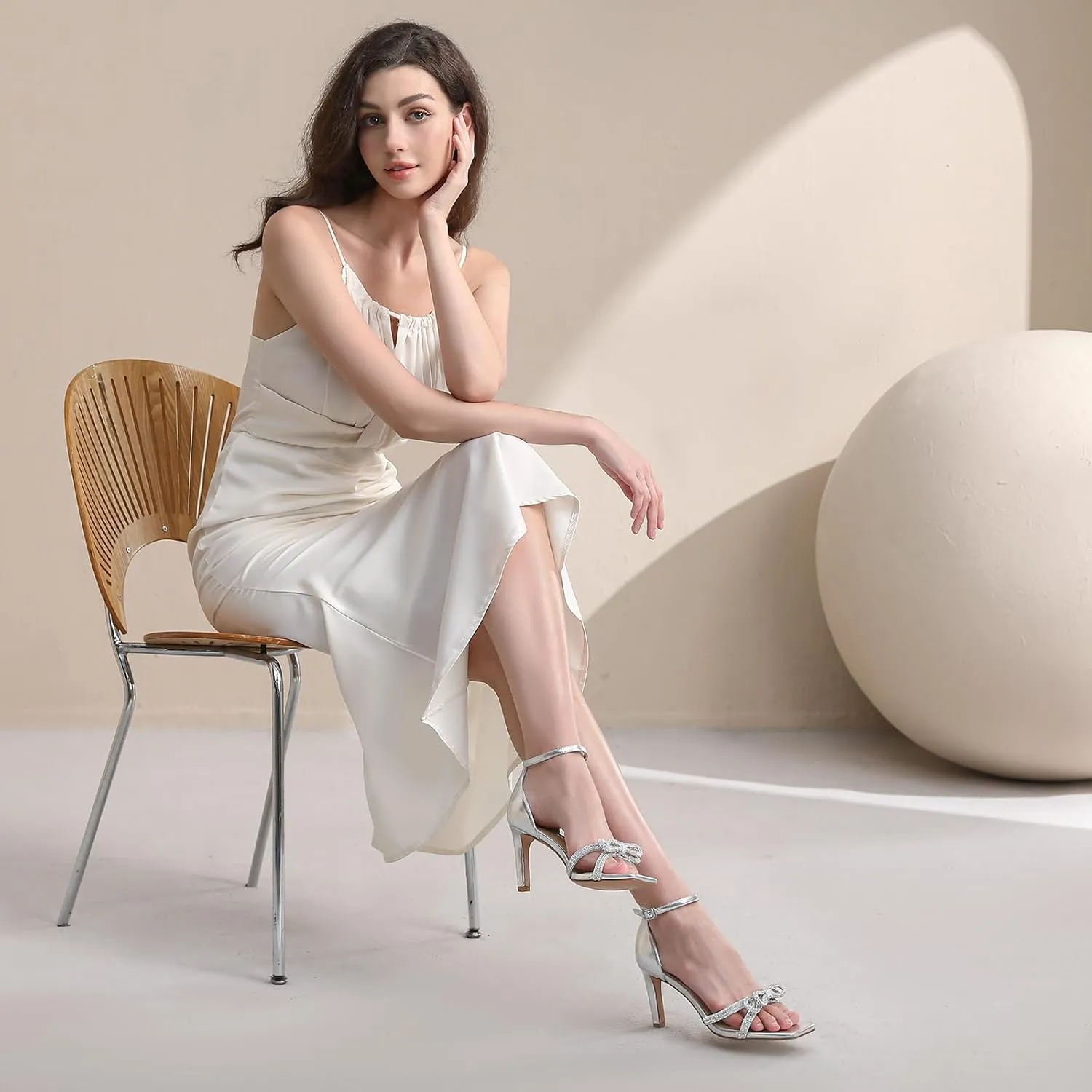 Women's Double Bowknots Heels Square Open Toe Ankle Strap Rhinestone Dress Shoes for Party Wedding